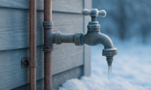 Frozen outdoor copper plumbing and faucet.