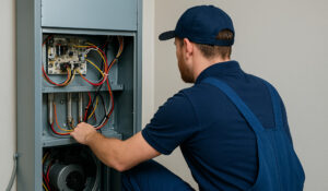 HVAC technician servicing an electric furnace.
