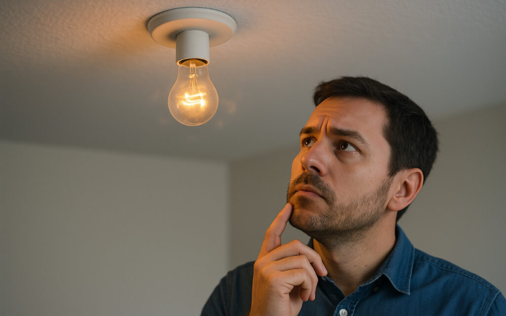 Man pondering flickering light.