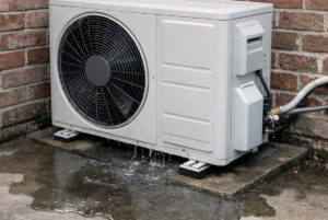 Leaking outdoor heat pump unit.