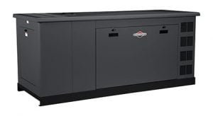 Gray outdoor generator unit with dual doors, ventilation grilles, and control panel on front side.