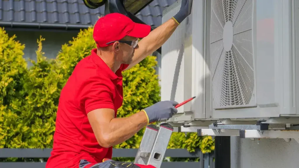 HVAC technician in red uniform working on outdoor air conditioning unit installation with diagnostic tools.