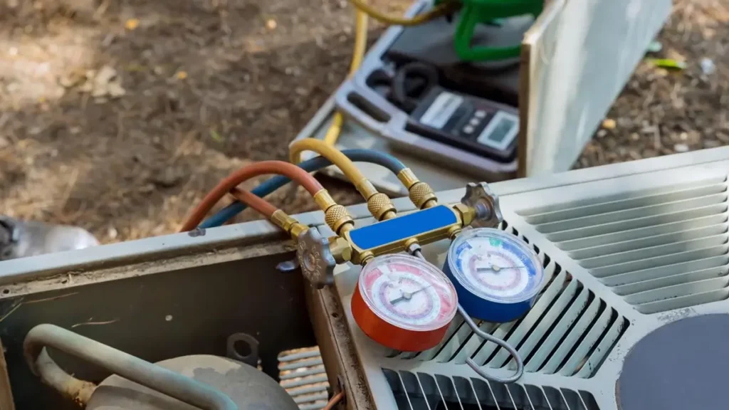HVAC technician's manifold gauge set with red and blue pressure gauges connected to copper tubing during air conditioning service.