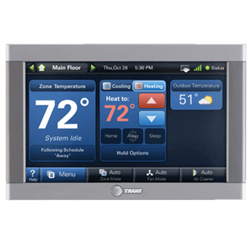 Smart thermostat screen showing 72° zone temperature, heating mode set to 72°, and outdoor temperature of 51° with weather icon.