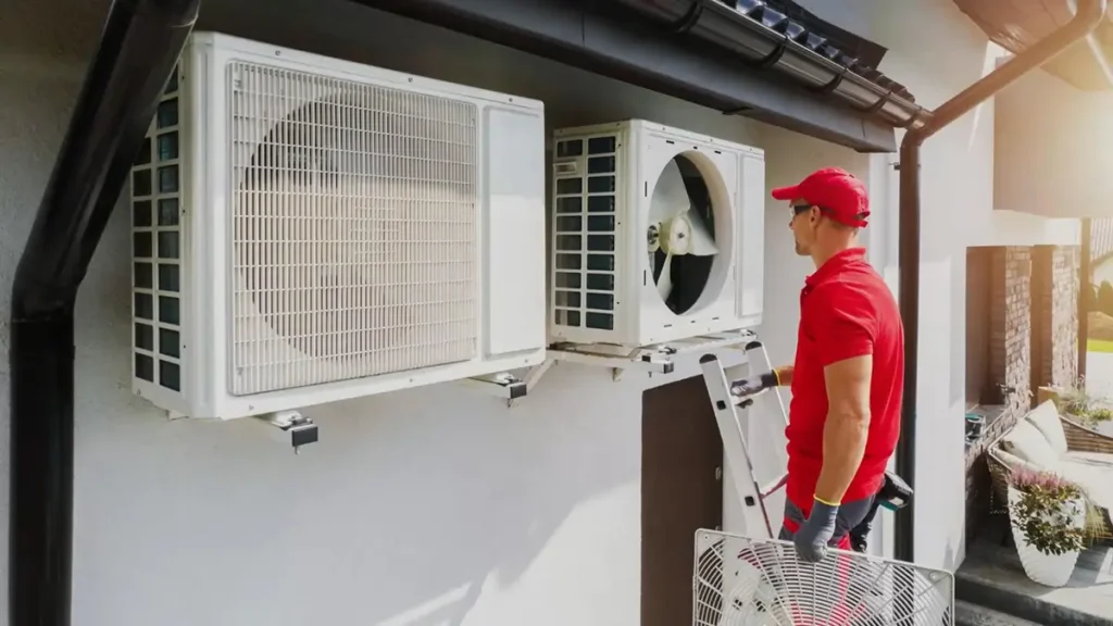 HVAC technician in red uniform and cap installing outdoor air conditioning unit on residential wall.