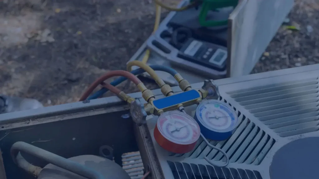 Close-up of HVAC manifold gauges with red and blue pressure indicators connected to refrigerant service lines during system maintenance.