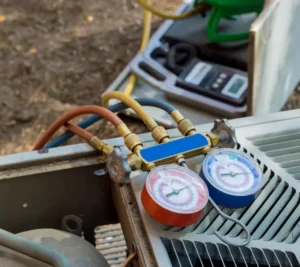 Pressure gauges with red and blue displays connected to refrigerant hoses during HVAC system maintenance and diagnostics.