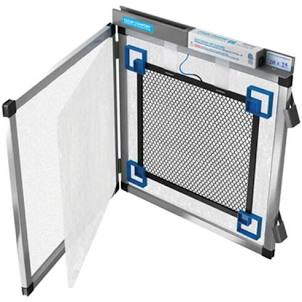Open metal frame air filter gate showing mesh screen and blue corner brackets in fully extended position.