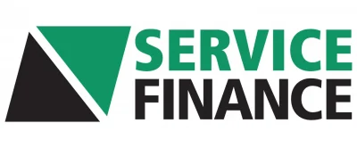 Service Finance logo featuring a teal and black geometric triangle design with white accents and company text.