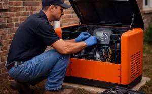 Generator Service: Technician operating on a standby generator.