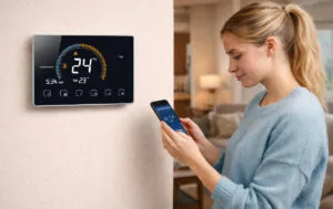Syncing smart thermostat with phone.