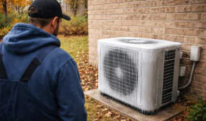 Frozen outdoor heat pump unit.